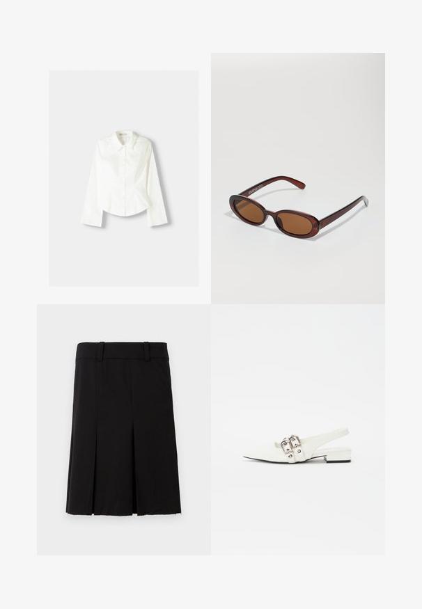 Bijela košulja s dugim rukavima, koja ima klasičan ovratnik, strukturiran kroj i suptilne vertikalne šavove za dodatne detalje.; Crna plisirana suknja izrađena od tkanine s glatkom teksturom. Ima uski pojas i ravni kroj s rubom do koljena.; Bijela kožna slingback cipela s izrađenim vrhom, srebrnim kopčama i niskom blok petom. Glatka tekstura s minimalnim detaljima.; Okvir okruglih, smeđkastih sunčanih naočala s sjajnim burgundskim okvirom. Uski nositelji s suptilnim brendiranjem. Ravna leća.