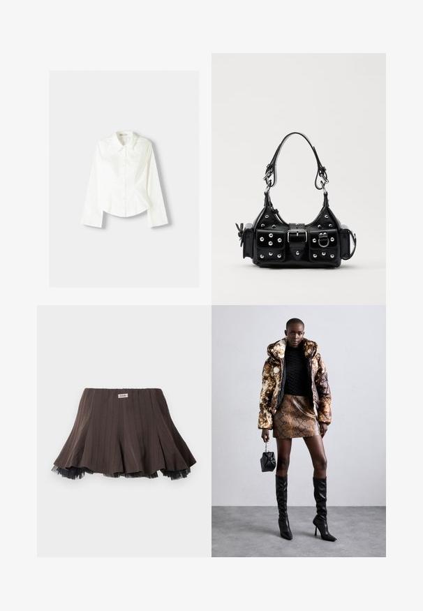 Biela košeľa na gombíky s dlhými rukávmi, s klasickým golierom, štruktúrovaným strihom a jemnými vertikálnymi švami pre pridaný detail.; Hnedá skladaná sukňa s textúrovanou tkaninou, ktorá má na leme vrstvený čierny tyl a malú logovú nálepku na páse.; Bundička s kapucňou so hnedo-čiernym vzorom, skombinovaná s mini suknou s hadím vzorom v hnedej farbe, čiernymi čižmami po kolená a malou čiernou kabelkou.; Čierna kožená kabelka s zakriveným dizajnom, doplnená striebornými cvočkami, prackou a dvoma bočnými vreckami. Nastaviteľný popruh poskytuje rôzne možnosti nosenia.