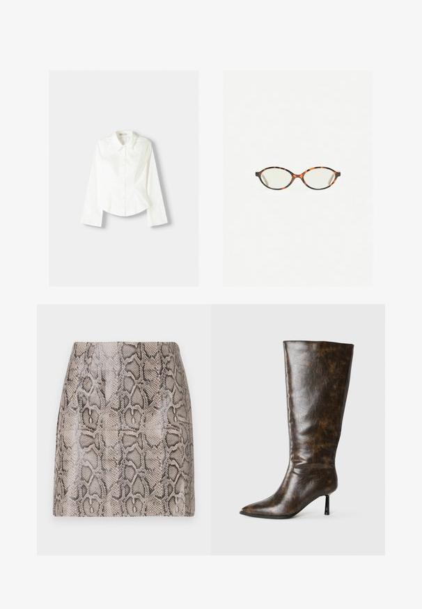 Witte overhemdd met lange mouwen, voorzien van een klassieke kraag, gestructureerde pasvorm en subtiele verticale naden voor extra detail.; Een aangesloten mini-jurk met een glanzende, gestructureerde faux slangenprint in tinten beige en zwart, met een gladde afwerking en zonder zichtbare sluitingen.; Bruine, versleten leren kniehoge laars met een puntige teen en dunne stilettohak op een witte achtergrond.; Kattenoogbril met ovale lenzen en een strakke, gladde afwerking. Heeft dunne zijkanten met een subtiele kromming bij de slapen. Transparante lenzen.; Geweven beige leren tas met een enkele schouderband, met een rechthoekige vorm en een gestructureerd oppervlak. Verstelbaar bandbeslag inbegrepen.