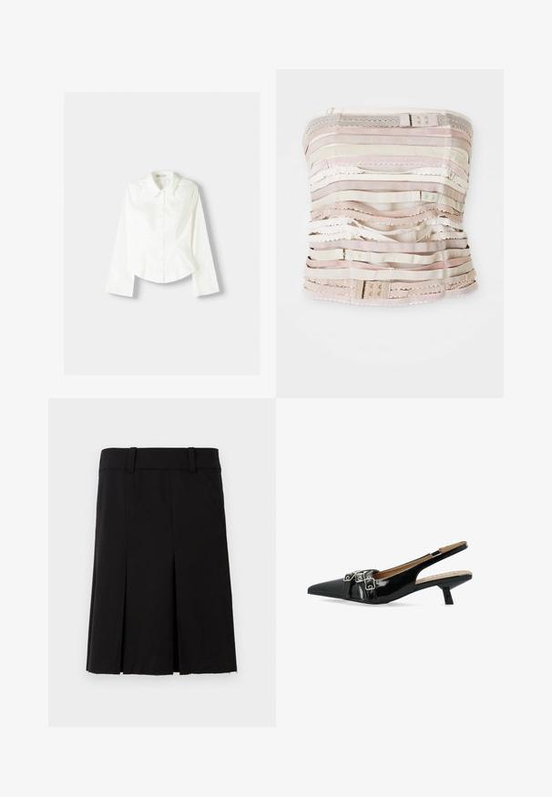 Chemise blanche à manches longues, avec un col classique, une coupe structurée et des coutures verticales discrètes pour un détail supplémentaire.; Bodice sans bretelles dans des tons beiges, présentant des bandes de tissu horizontales avec différentes textures, des accents en dentelle et un matériel ajustable en haut.; Jupe plissée noire en tissu avec une texture lisse. Elle dispose d'une taille ajustée et d'une coupe droite avec un ourlet au niveau des genoux.; Chaussures slingback en cuir verni noir avec un bout pointu et deux boucles de sangle. Présentent un talon bas en angle et une texture lisse.