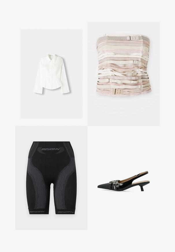 Bijela košulja s dugim rukavima, koja ima klasičan ovratnik, strukturiran kroj i suptilne vertikalne šavove za dodatne detalje.; Bodice bez naramenica u bež tonovima, s horizontalnim trakama od tkanine različitih tekstura, čipkastim akcentima i podešavanjem na vrhu.; Crne atletske kratke hlače s prilagođenim dizajnom, teksturiranim materijalom, vertikalnim prugama u sivoj boji i "MISBHV" logotipom na rubu.; Crne lakirane cipele sa remenom oko petne, sa šiljastim nosom i dva remena s kopčama. Imaju nisku nagnutu petu i glatku teksturu.
