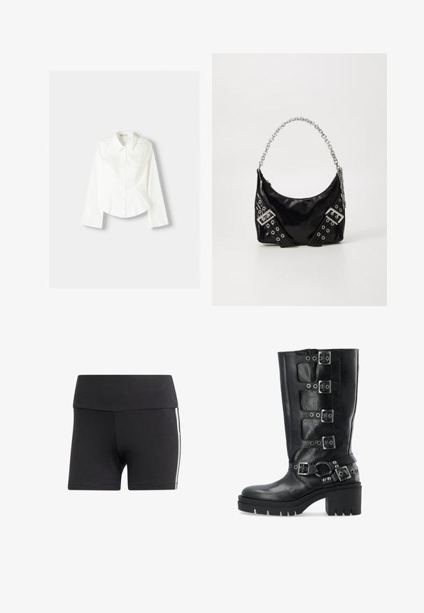 Chemise blanche à manches longues, avec un col classique, une coupe structurée et des coutures verticales discrètes pour un détail supplémentaire.; Shorts de sport noirs avec une large ceinture, fabriqués en tissu extensible. Caractéristiques de rayures blanches sur les côtés et d'une coupe ajustée.; Botte en cuir noire montante avec quatre sangles à boucles en argent, une semelle épaisse et des accents cloutés autour de la cheville.; Sac à main en cuir verni noir avec une poignée en chaîne argentée brillante, présentant des bandes décoratives et des œillets en métal. Forme épurée et incurvée.