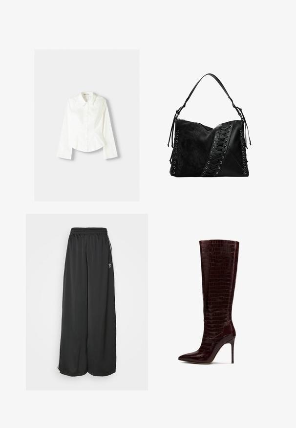 Camicia bianca con bottoni, a maniche lunghe, con colletto classico, vestibilità strutturata e sottili cuciture verticali per un tocco di dettaglio.; Pantaloni da jogging neri, morbidi e larghi, realizzati in tessuto liscio. Presentano una vita elasticizzata e strisce laterali con accenti di logo.; Stivali borgogna al ginocchio con texture in crocodile lucido, punta appuntita e tacco a stiletto. Presentano una silhouette elegante e aderente.; Desigual Borsa a tracolla - black