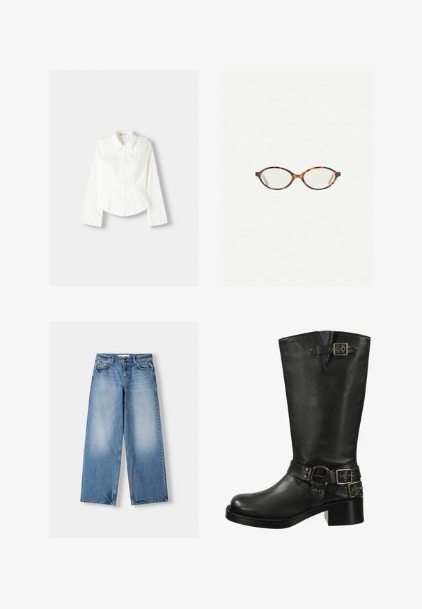 Biała koszula z długim rękawem, z klasycznym kołnierzykiem, o strukturalnym kroju i subtelnymi pionowymi szwami dla dodatkowego detalu.; Jasnoniebieskie dżinsy o luźnym kroju, szerokich nogawkach i przetartych sekcjach. Wykonane z denimu w klasycznym stylu z pięcioma kieszeniami i zapięciem na guzik.; Czarne skórzane kozaki do kolan z okrągłym noskiem, konturowanym kształtem, podwójnymi klamrami i masywnym obcasem. Posiadają fakturowane wykończenie.; Okulary w kolorze tortoiseshell z owalnymi soczewkami i gładkim, eleganckim wykończeniem. Posiadają cienkie boki z delikatnym łukiem w okolicy skroni. Przezroczyste soczewki.; Zign - Torba na zakupy