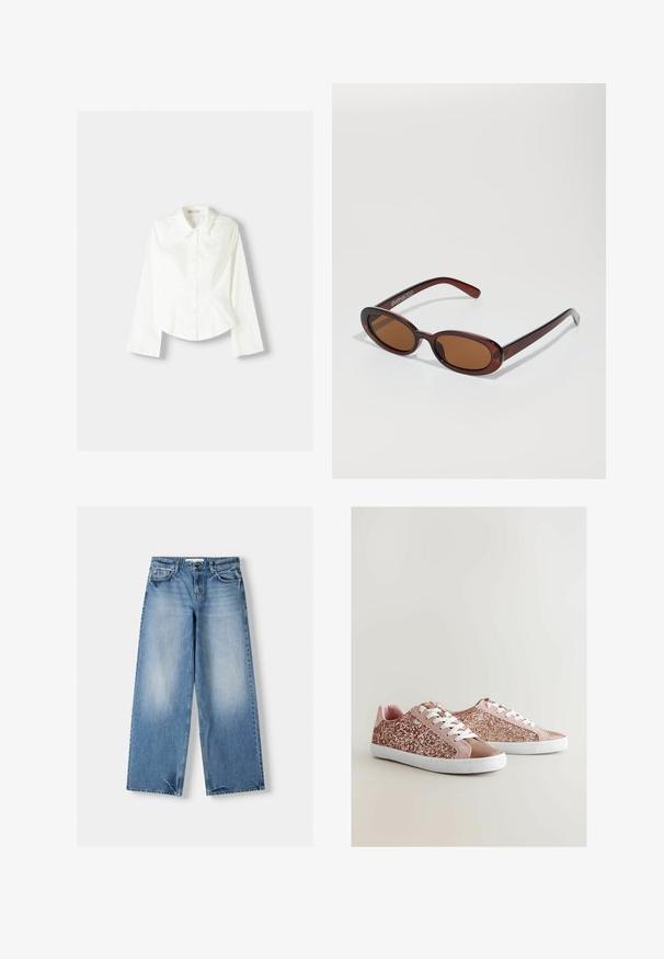 Weißes Hemd mit langen Ärmeln, klassischem Kragen, strukturiertem Schnitt und subtilen vertikalen Nähten für zusätzliche Details.; Hellblaue Jeans mit entspanntem Schnitt, weitem Bein und ausgewaschenen Abschnitten. Hergestellt aus Denim mit klassischem Fünf-Taschen-Design und knöpfbarem Bund.; Rosa Sneakers mit einem glitzernden, pinken Obermaterial, glatten Akzenten, weißen Schnürsenkeln und einer weißen Gummisohle. Verfügt über samtähnliche Texturen und eine abgerundete Zehenpartie.; Runde, braun getönte Sonnenbrillen mit einem glänzenden burgunderfarbenen Rahmen. Schlanke Bügel mit dezentem Branding. Flaches Linsendesign.