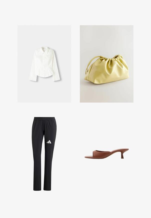 Weißes Hemd mit langen Ärmeln, klassischem Kragen, strukturiertem Schnitt und subtilen vertikalen Nähten für zusätzliche Details.; Schwarze Trainingshose mit einem elastischen Bund, geradem Beinanschnitt, glatter Textur und einem weißen Adidas-Logo auf dem linken Oberschenkel.; Braune offene Absatzmules mit glatter, matter Oberfläche, die ein geschwungenes Design und einen transparenten, verjüngten Absatz aufweisen.; Next Clutch - yellow
