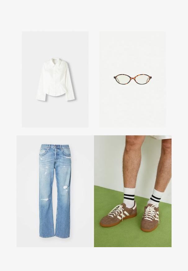 Bijela košulja s dugim rukavima, koja ima klasičan ovratnik, strukturiran kroj i suptilne vertikalne šavove za dodatne detalje.; Plave traperice ravnog kroja s oštećenjima, s izbljedjelim pranjem, pet džepovima i metalnim detaljima na struku.; Smeđe nubuk tenisice s bijelim detaljima i vezicama. Gumeni potplat. Nosene s bijelim čarapama s crnim prugama. Zeleno teksturirano pod.; Naočale u boji kornjače s ovalnim staklima i elegantnim, glatkim završetkom. Imaju tanke strane s suptilnom krivuljom na sljepoočnicama. Prozirna stakla.; Zign LEATHER - Velika torba - light brown