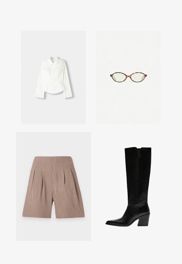 Bijela košulja s dugim rukavima, koja ima klasičan ovratnik, strukturiran kroj i suptilne vertikalne šavove za dodatne detalje.; Smeđi nabranih kratkih hlača izrađenih od laganog materijala, s glatkom teksturom i prilagođenim krojem, s čistim, minimalističkim dizajnom.; Crne čizme do koljena napravljene od glatke kože, s šiljastim vrhom, blok petom i V-oblika izrezom na vrhu.; Naočale u boji kornjače s ovalnim staklima i elegantnim, glatkim završetkom. Imaju tanke strane s suptilnom krivuljom na sljepoočnicama. Prozirna stakla.