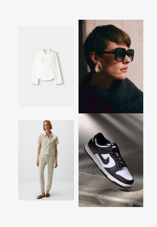 White button-up shirt with long sleeves, featuring a classic collar, structured fit, and subtle vertical seams for added detail.; Lace-patterned short-sleeve blouse in cream, with a collared neckline. Paired with beige, slim-fit pants and brown woven sandals.; Black and white Nike Dunk Low sneaker with leather upper, perforated toe box, and black laces, featuring a white sole and logo accents.; Black oversized sunglasses with dark lenses and gold hardware, paired with a large, shiny gold teardrop earring. Dark textured scarf.; Rose gold bangle featuring two interlocking bands, one adorned with a row of diamonds, sleek surface, and smooth edges.