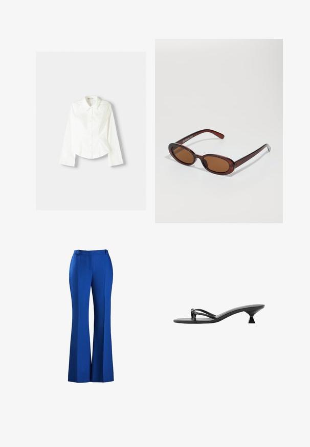 Bílá košile s dlouhými rukávy, se klasickým límcem, strukturovaným střihem a jemnými vertikálními švy pro zvýšení detailu.; Zúžené modré kalhoty vyrobené z texturované látky, s přiléhavým pasem a předním skládem, vhodné na formální či neformální nošení.; Černé sandály na podpatku s elegantním designem, tenkými popruhy a unikátním trojúhelníkovým podpatkem. Hladký povrch s minimalistickým vzhledem.; Kulaté sluneční brýle hnědé barvy s lesklým burgundským rámem. Úzké nožičky s jemným logem. Rovné čočky.
