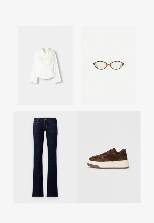 White button-up shirt with long sleeves, featuring a classic collar, structured fit, and subtle vertical seams for added detail.; Dark blue denim flared jeans with standard five-pocket design, visible stitching details, and a button closure at the waist.; Brown platform sneakers featuring textured fabric with sparkly accents, a plush collar, and a durable rubber sole.; Tortoiseshell eyeglasses with oval lenses and a sleek, smooth finish. Features thin sides with a subtle curve at the temples. Clear lenses.