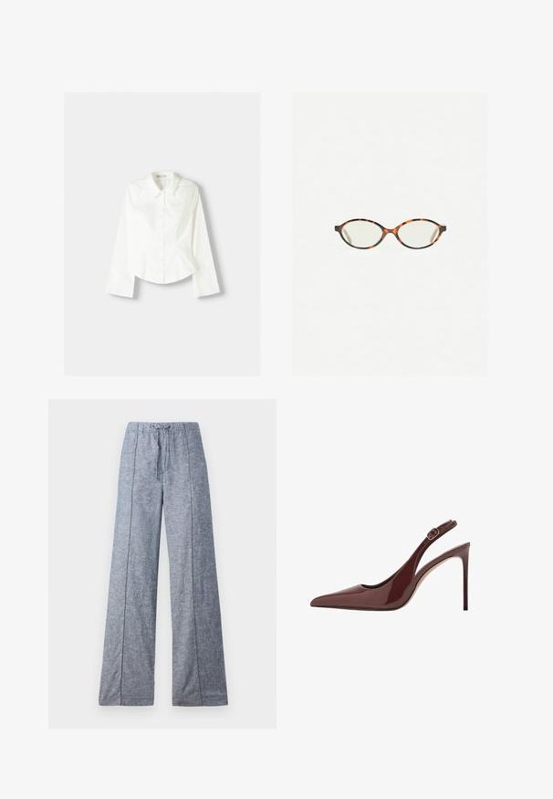 Hvid skjorte med lange ærmer, der har en klassisk krave, struktureret pasform og subtile vertikale syninger for ekstra detaljer.; Vide benbukser i et lysblå stof med en subtil tekstur, der har en elastisk talje og en snøre til justering.; Mørkebrune patentlæder slingback højhælede sko med spids tå, justerbar spænde og slank stiletthæl.; Skildpaddebriller med ovale linser og en elegant, glat finish. Har tynde sider med en subtil kurve ved tindingerne. Klare linser.