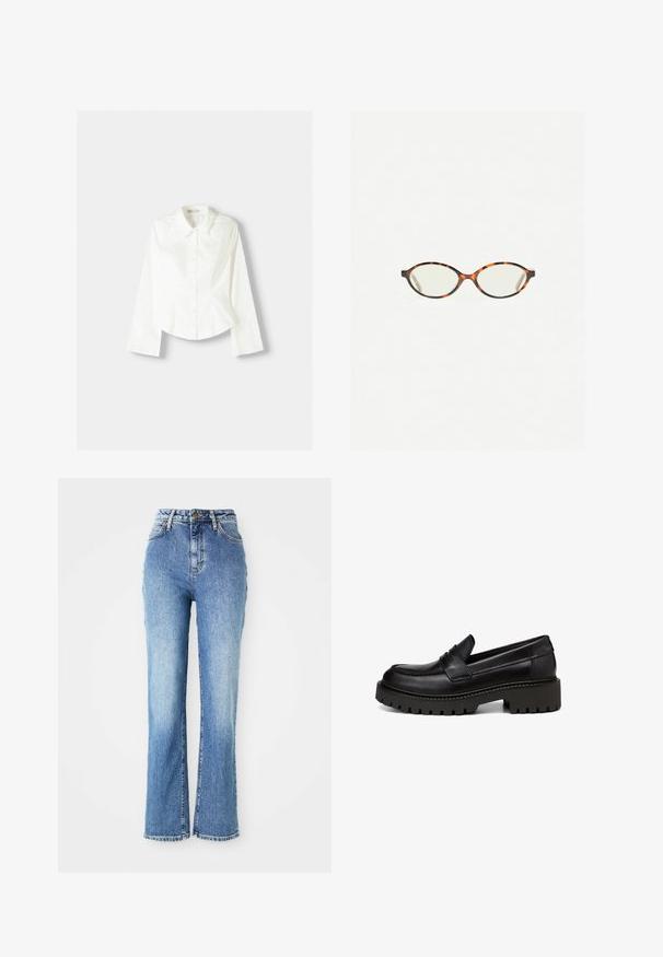 Chemise blanche à manches longues, avec un col classique, une coupe structurée et des coutures verticales discrètes pour un détail supplémentaire.; Jeans en denim bleu taille haute avec des jambes évasées, présentant un délavage léger, une légère décoloration et des ourlets effilochés avec des détails de couture classiques.; Marc O'Polo LOAFER MIT ROBUSTER PROFIL - Chaussons - black; Lunettes en écaille de tortue avec des verres ovales et une finition lisse et élégante. Présente des branches fines avec une courbure subtile au niveau des tempes. Verres transparents.