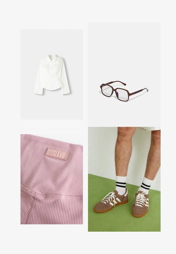 Camicia bianca con bottoni, a maniche lunghe, con colletto classico, vestibilità strutturata e sottili cuciture verticali per un tocco di dettaglio.; Leggings a coste rosa chiaro con una superficie testurizzata e un'etichetta in gomma rettangolare con la parola "self." ricamata.; Sneaker in suede marrone con dettagli e lacci bianchi. Suola in gomma color gomma. Indossati con calzini bianchi con righe nere. Pavimento verde texturizzato.; Occhiali rettangolari marroni con lenti trasparenti e tonalità viola. Montatura in plastica liscia con stanghette dritte e accenti sottili.; Borsa hobo in pelle nera con design morbido, ampia tracolla e texture liscia. Presenta una chiusura con zip laterale.