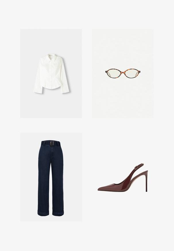 Bijela košulja s dugim rukavima, koja ima klasičan ovratnik, strukturiran kroj i suptilne vertikalne šavove za dodatne detalje.; Tamno plave traperice s visokim strukom i širom nogavicom, s pojasom, s kontrastnim šavovima i prevrnutim manžetama na rubu.; Tamnosmeđi lakirani kožni salonke s oštrim vrhom, sa remenom za zakopčavanje i tanjim stiletto potpeticom.; Naočale u boji kornjače s ovalnim staklima i elegantnim, glatkim završetkom. Imaju tanke strane s suptilnom krivuljom na sljepoočnicama. Prozirna stakla.; Zign LEATHER - Velika torba - light brown