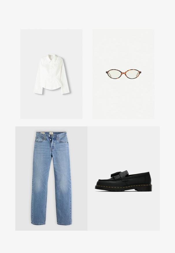 Fehér, gombos ing hosszú ujjakkal, klasszikus gallérral, strukturált fazonnal és finom függőleges varrással a részletek kiemelésére.; Világoskék farmernadrág egyenes lábformával, fém gombos rögzítéssel, elülső zsebekkel és diszkrét elhalványulás részletekkel az egész felületen.; Fekete bőr lófarok cipő, bojttal, sárga varrással a talp mentén, és vastag, bordás gumitalppal.; Tortábar színű szemüveg ovális lencsékkel és sima, elegáns felülettel. Vékony szárakkal rendelkezik, amelyeken finom ív található a halántéknál. Átlátszó lencsék.; Zign LEATHER - Bevásárlótáska - light brown