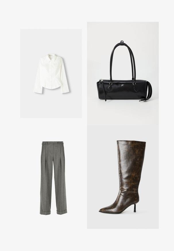 Bijela košulja s dugim rukavima, koja ima klasičan ovratnik, strukturiran kroj i suptilne vertikalne šavove za dodatne detalje.; Sive krojene hlače s bijelim vertikalnim prugama, nabranim prednjim dijelom, rukavima s manžetama, petljama za remen i kopčanjem na gumbu u struku.; Smeđa izlizana kožna čizma do koljena s šiljastim nosom i tankom stiletto potpeticom na bijeloj pozadini.; Crna kožna torba u pravokutnom obliku, glatke teksture, s dva ručka, zatvaranjem na patentni zatvarač i malim logom sprijeda.