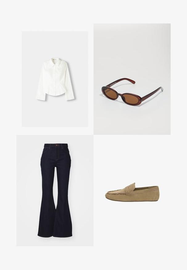Bela srajca s dolgimi rokavi, ki ima klasičen ovratnik, strukturirano prileganje in subtilne navpične šive za dodaten detajl.; Temno modri široki kavbojke iz denima. Visok pas, z zapiranjem na gumb, vidnimi šivi in gladko teksturo.; Svetlo rjave mokasine za moške iz semiša z vitezom in pasom, ravnim gumijastim podplatom, stranski profil na beli podlagi.; Okrogle, rjavo obarvane sončne naočare z sijočim burgundskim okvirjem. Tanek nosilec s subtilnim logotipom. Oblika leč je ravna.