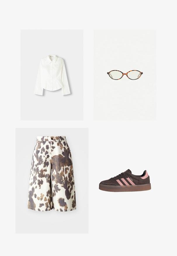 Weißes Hemd mit langen Ärmeln, klassischem Kragen, strukturiertem Schnitt und subtilen vertikalen Nähten für zusätzliche Details.; Kniekurze Shorts in einem cremigen Grundton mit einem braunen und schwarzen Leopardenmuster. Besitzt traditionelle Taschen und einen braunen Knopfverschluss.; Braune Wildledersneaker mit pinken drei Streifen und Akzent an der Ferse. Verfügt über eine runde Zehenpartie und eine strukturierte Gummisohle mit transparentem Rand.; Schildpatt-Eyegläser mit ovalen Gläsern und einer eleganten, glatten Oberfläche. Mit dünnen Seiten und einer subtilen Kurve an den Schläfen. Klare Gläser.; Zign LEATHER - Shopping Bag - light brown