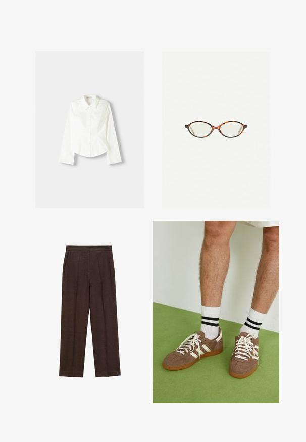 Cămașă albă cu nasturi, cu mâneci lungi, având un guler clasic, un croi structurat și cusături verticale subtile pentru un plus de detaliu.; Pantaloni din in maroniu cu un design drept, având un front plat, buzunare laterale și o textură netedă.; Adidași maro din suede cu accente și șireturi albe. Talpă din cauciuc de culoare caramel. Purtați cu șosete albe cu dungi negre. Pardoseală verde texturată.; Ochelari cu ramă din tartan, cu lentile ovale și un finisaj elegant, neted. Prezintă margini subțiri cu o curbură subtilă la tâmple. Lentile clare.; Zign LEATHER - Geantă de pânză - light brown