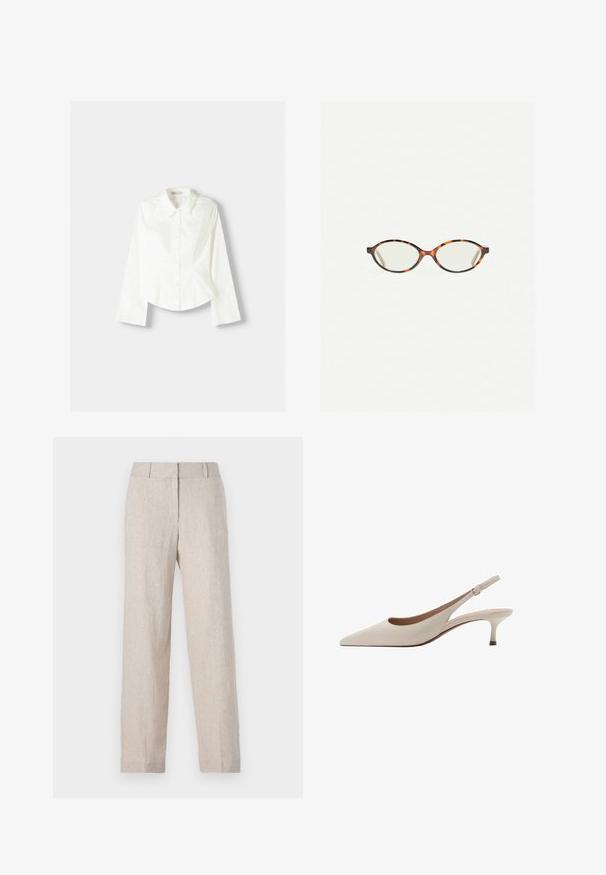 White button-up shirt with long sleeves, featuring a classic collar, structured fit, and subtle vertical seams for added detail.; Beige linen trousers with a straight leg design, high waistband, and subtle texture. No visible pockets or embellishments.; Beige slingback heels with a pointed toe and a low, flared heel. Made from smooth leather with a minimalistic design and adjustable strap.; Tortoiseshell eyeglasses with oval lenses and a sleek, smooth finish. Features thin sides with a subtle curve at the temples. Clear lenses.