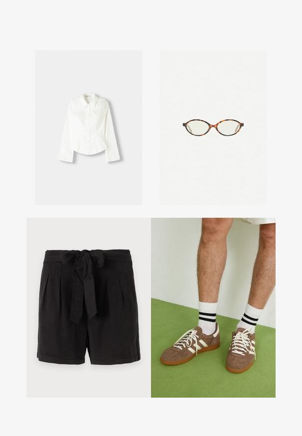 Witte overhemdd met lange mouwen, voorzien van een klassieke kraag, gestructureerde pasvorm en subtiele verticale naden voor extra detail.; Zwarte katoenen shorts met een strikgordel in de taille, plooien aan de voorkant en zijzakken. Gladde textuur en casual ontwerp.; Bruine suède sneakers met witte accenten en veters. Rubberen gumzool. Draag met witte sokken met zwarte strepen. Groene gestructureerde vloer.; Kattenoogbril met ovale lenzen en een strakke, gladde afwerking. Heeft dunne zijkanten met een subtiele kromming bij de slapen. Transparante lenzen.; Zign LEATHER - Shopper - light brown