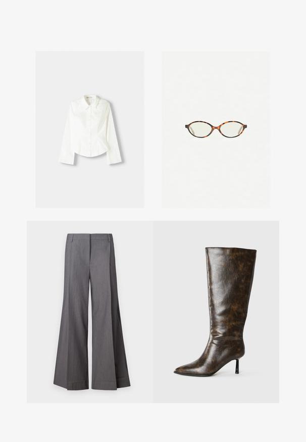 Vit skjorta med lång ärm, med klassisk krage, strukturerad passform och subtila vertikala sömmar för extra detalj.; Grå vida byxor i en texturerad tygkvalitet, med hög midja och fickor fram. Slut på bensluten är rena utan ytterligare detaljer.; Brun sliten läder knähöga stövel med spetsig tå och tunn stiletto-klack mot en vit bakgrund.; Sköldpaddsmönstrade glasögon med ovala linser och en elegant, slät yta. Har tunna sidor med en subtil kurva vid tinningarna. Klara linser.; Zign LEATHER - Shoppingväska - light brown