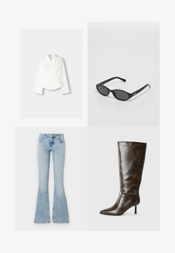 Biała koszula z długim rękawem, z klasycznym kołnierzykiem, o strukturalnym kroju i subtelnymi pionowymi szwami dla dodatkowego detalu.; Jasnoniebieskie dżinsy z rozkloszowanymi nogawkami, o średnim stanie, pięć kieszeni i przeszycia wzdłuż szwów, z metalowym zapięciem na guzik.; Brązowy zniszczony skórzany czółenek do kolan z szpiczastym noskiem i cienką szpilką na białym tle.; Czarne okulary przeciwsłoneczne z zaokrąglonymi soczewkami, błyszcząca plastikowa oprawka i złote logo "QUAY" po boku. Posiadają ciemne przyciemniane soczewki.; Naszyjnik z zawieszką, który zawiera fakturowany, metaliczny srebrny kwadrat na czarnym sznurku. Warto zwrócić uwagę na misternie wykonane wzory oraz gładkie wykończenie.