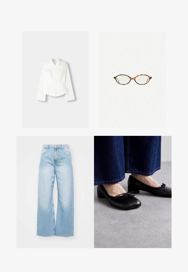 Biała koszula z długim rękawem, z klasycznym kołnierzykiem, o strukturalnym kroju i subtelnymi pionowymi szwami dla dodatkowego detalu.; Jasnoniebieskie dżinsy z szerokimi nogawkami, wykonane z denimu, z wysokim stanem, detalami w odcieniu wyblakłym, z zapięciem na guzik i surovym wykończeniem u dołu.; Czarne skórzane buty z kwadratowym noskiem i małym obcasem, z dekoracyjną kokardą z przodu. Noszone z ciemnoniebieskimi spodniami dżinsowymi.; Okulary w kolorze tortoiseshell z owalnymi soczewkami i gładkim, eleganckim wykończeniem. Posiadają cienkie boki z delikatnym łukiem w okolicy skroni. Przezroczyste soczewki.