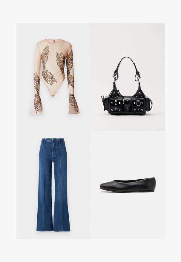 Durchsichtiger langärmeliger Body in Nude, mit gestickten schwarzen Flügeldesigns an den Ärmeln und am Torso, mit einem Reißverschluss hinten.; Weite blaue Jeans aus Denim, mit hoher Taille und kontrastierenden weißen Nähten entlang der Nähte. Keine zusätzlichen Verzierungen.; Paul Smith TOPANGA - Klassischer Ballerina - black; Schwarze Lederhandtasche mit einem geschwungenen Design, verziert mit silbernen Nieten, einer Schnalle und zwei seitlichen Taschen. Verstellbarer Träger für verschiedene Tragemöglichkeiten.