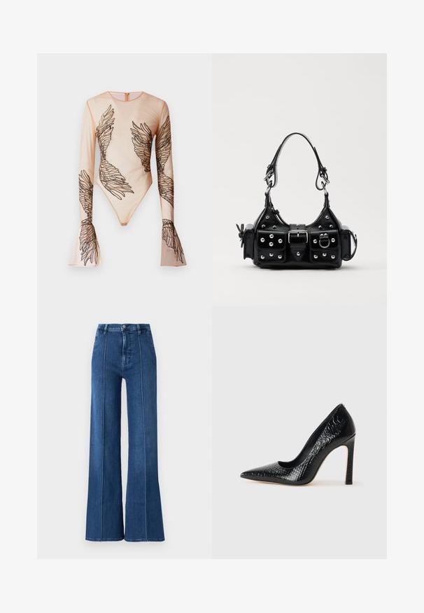 Bodysuit transparent à manches longues en nude, avec des motifs d'ailes noires brodés sur les manches et le torse, doté d'une fermeture éclair dans le dos.; Jean large en denim de couleur bleue, avec une taille haute et des coutures blanches contrastantes le long des coutures. Pas de décorations supplémentaires.; Escarpin noir à bout pointu avec texture en cuir de crocodile, présentant un design élégant, un haut talon aiguille et un intérieur noir lisse.; Sac à main en cuir noir au design courbé, avec des clous en argent, une boucle et deux poches latérales. Bandoulière réglable pour différentes options de transport.