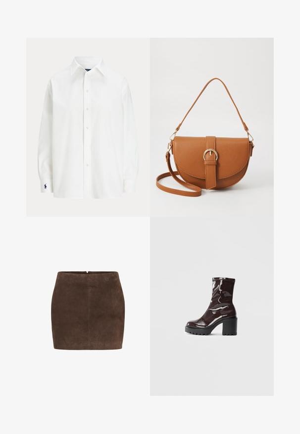 Valge nupuga särk pikkade varrukatega, klassikalise kraega ja väikese sinise logoga mansetil. Sile puuvillane kangas, struktureeritud lõige.; Pruun suede mini seelik sujuva tekstuuriga, lihtsa disainiga, tagumise tõmbluku sulgemisega ja ilma täiendavate kaunistusteta.; Klakav läikiv burgundi värvi pahkluu saabas, millel on paks must konts, sile tekstuur ja lihtne disain. Nähtavad kinnitused või mustrid puuduvad.; Pruun nahast õlakott, millel on kumer kuju, kullavärvi riistvara ja pandlaga kaunistus. Omab eemaldatavat õlarihma.
