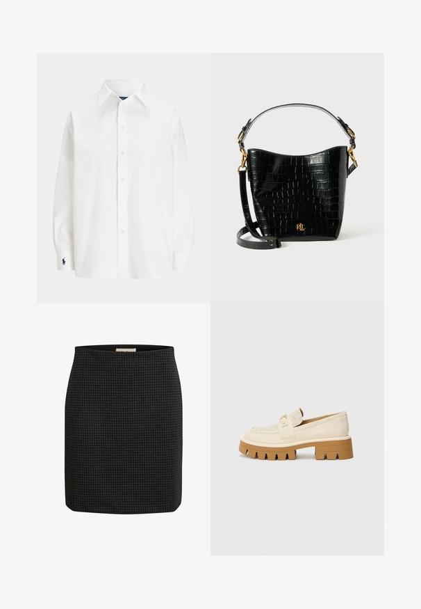 Chemise blanche à manches longues, col classique, avec un petit logo bleu sur le poignet. Tissu en coton lisse, coupe structurée.; Jupe à motif pied-de-poule noir avec un design ajusté, une silhouette droite et une texture lisse. Présente une taille pour un confort supplémentaire.; Mocassins beiges avec une sangle texturée crème, dotés d'une semelle brune épaisse avec des motifs en forme de dents. Accent doré sur le détail de la boucle.; Sac en cuir noir à motif crocodile, de forme courbée, avec des accents en métal doré, une bandoulière ajustable et un détail de logo à l'avant.
