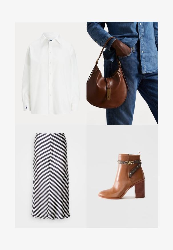 White button-up shirt with long sleeves, classic collar, and a small blue logo on the cuff. Smooth cotton fabric, structured fit.; Knee-length skirt featuring a diagonal black and white striped pattern, made of lightweight fabric with a soft texture and flared hemline.; Brown leather ankle boot with stacked block heel, side strap featuring gold studs and a gold "MK" logo buckle.; Brown leather hobo bag with a rounded shape, featuring a gold hardware accent and contrast stitching. Paired with a denim shirt and jeans.