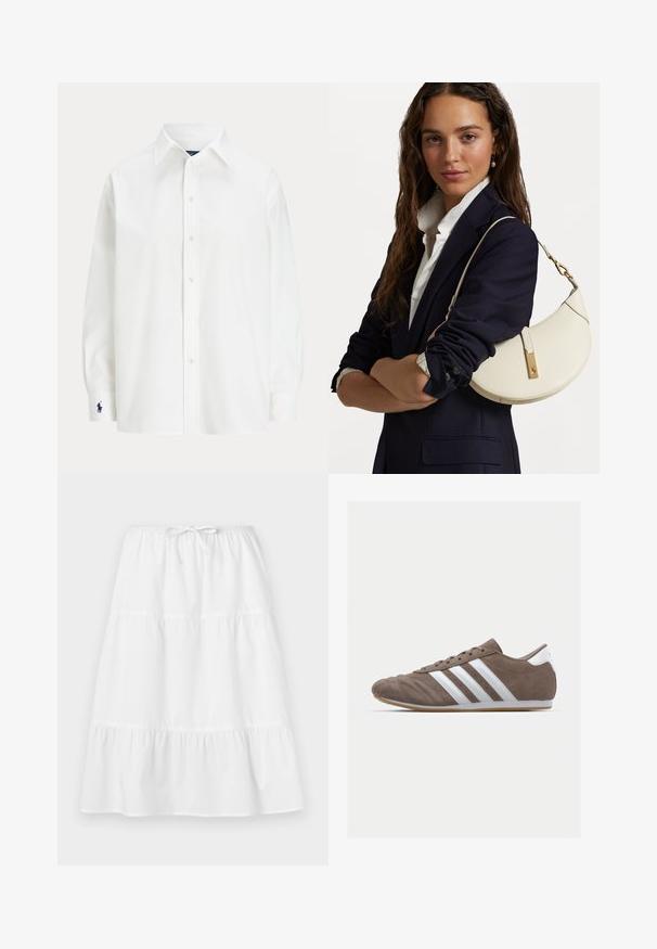 Valkoinen nappikauluspaita pitkillä hihoilla, klassinen kaulus ja pieni sininen logo hihassa. Silkkinen puuvillakangas, muotoiltu istuvuus.; Valkoinen puuvillahame, jossa on naruvetoketjuvyötärö, kerrokselliset röyhelöt ja väljät linjat. Sujuva rakenne, nilkkapituisuus.; Ruskea mokkaboots-urheilujalkine, jossa on valkoiset raidat, pyöreä kärki, nauhakiinnitys ja kumipohja. Teksturoitu päällinen, jossa on ompelutiedot.; Valkoinen nahkalaukku, jossa on kaareva muoto, kultaiset yksityiskohdat ja teksturoitu pinta, pukeutuneena tumman bleiserin ja valkoisen paidan päälle.