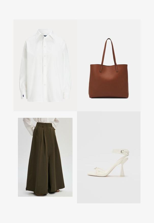 Chemise blanche à manches longues, col classique, avec un petit logo bleu sur le poignet. Tissu en coton lisse, coupe structurée.; Pantalons larges en olive foncé avec plis et poches latérales, présentant une taille haute ajustée et une texture de tissu lisse.; Sandale à talons hauts à brides en cuir blanc avec un design épuré, un talon bloc transparent et un élément décoratif au niveau des orteils.; Sac fourre-tout en cuir marron avec une texture lisse, design à ouverture supérieure et deux poignées pour le porter à l'épaule. Présente des coutures minimales et aucun matériel visible.