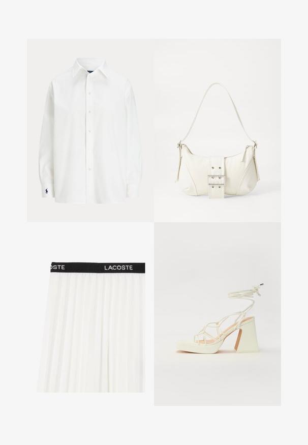 Balta krekla ar garām piedurknēm, klasiskā josta un mazs zils logo uz aproces. Gluda kokvilnas auduma, strukturēta piegriezuma.; Balta svārku svārki ar melnu jostas daļu, kurā ir izšūts vārds "LACOSTE" baltā krāsā. Viegls, plūstošs audums ar gludu tekstūru.; Baltas augstpapēžu sandales ar masīvu papēdi, ar siksnu dizainu un potītes saistītiem elementiem. Gluda tekstūra ar platformu priekšpusē, lai nodrošinātu papildu augstumu.; Balts plecu soma ar teksturētu apdari, centrālu sprādzi un izliekta forma. Ražota ar rāvējslēdzēja aizdares abās pusēs.