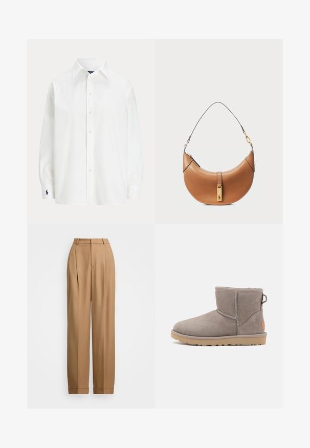 Bijela košulja s dugim rukavima, klasičnog ovratnika, i malim plavim logotipom na manžetama. Glatka pamučna tkanina, strukturirani kroj.; Bež hlače krojene visoko u struku, s nabranim prednjim dijelom, suženim nogavicama i podvrnutim rubovima. Glatka tkanina s rafiniranim teksturom.; Sive antilopne gležnjače s mekanom teksturom, ojačanim šavovima, zaobljenim vrhom i gumenim potplatom s malom oznakom s strane.; Tamnasti kožni ručni torba sa zakrivljenim oblikom, zlatnim hardverom i tankim remenom za rame. Sadrži zatvaranje na patentni zatvarač i detalj s logotipom na prednjoj strani.