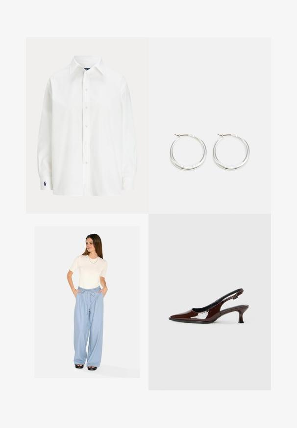 Fehér, hosszú ujjas ing, klasszikus gallérral és egy kis kék logóval a mandzsettán. Simaságot adó pamut anyag, strukturált fazon.; Világoskék, bő szabású nadrág, húzózsinórral a derékon és oldalsó zsebekkel. Egy fehér, fodros szegélyű, rövid ujjú blúzzal párosítva. Fekete platform szandálok.; Barna lakkbőr slingback cipő hegyes orral és mérsékelt sarkal. Biztonságos illeszkedést biztosító csattal rendelkezik. Sima textúra.; A ezüst karika fülbevalók sima, lekerekített formájúak, vékony profilúak és biztonságos zárással rendelkeznek. Minimalista stílus, fényes befejezéssel.