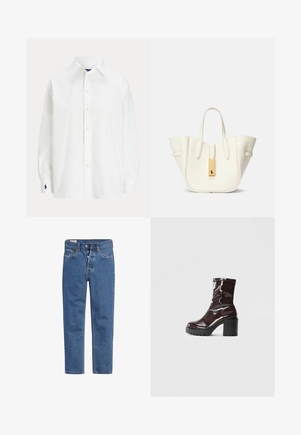 Camisa blanca de botones con manga larga, cuello clásico y un pequeño logo azul en el puño. Tela de algodón suave, ajuste estructurado.; Jeans de mezclilla azul con un diseño de cintura alta, cierre de cinco botones y corte recto. La tela tiene un acabado texturizado y ligeramente desgastado.; Botín burdeos brillante hasta el tobillo con un tacón negro grueso, que presenta una textura suave y un diseño sencillo. Sin cierres ni patrones visibles.; Bolso de tote de cuero blanco con forma estructurada, costuras prominentes, etiqueta de hardware dorado y asas dobles. Superficie texturizada con bolsillos laterales.