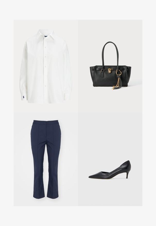 Camisa branca de manga longa, com colarinho clássico e um pequeno logótipo azul na bainha. Tecido de algodão suave, ajuste estruturado.; Calças de alfaiataria azul-marinho com um corte reto, textura suave, pregas frontais e um cós de altura média; sem bolsos ou detalhes visíveis.; Sapato de salto alto preto em pele com bico fino e salto baixo. Apresenta uma textura suave e brilho subtil. Corte aberto na parte da frente para um detalhe adicional.; Bolsa de pele preta com alças duplas, fecho dourado e detalhe em corrente, além de um acessório de tassel preto e branco, contra um fundo branco.