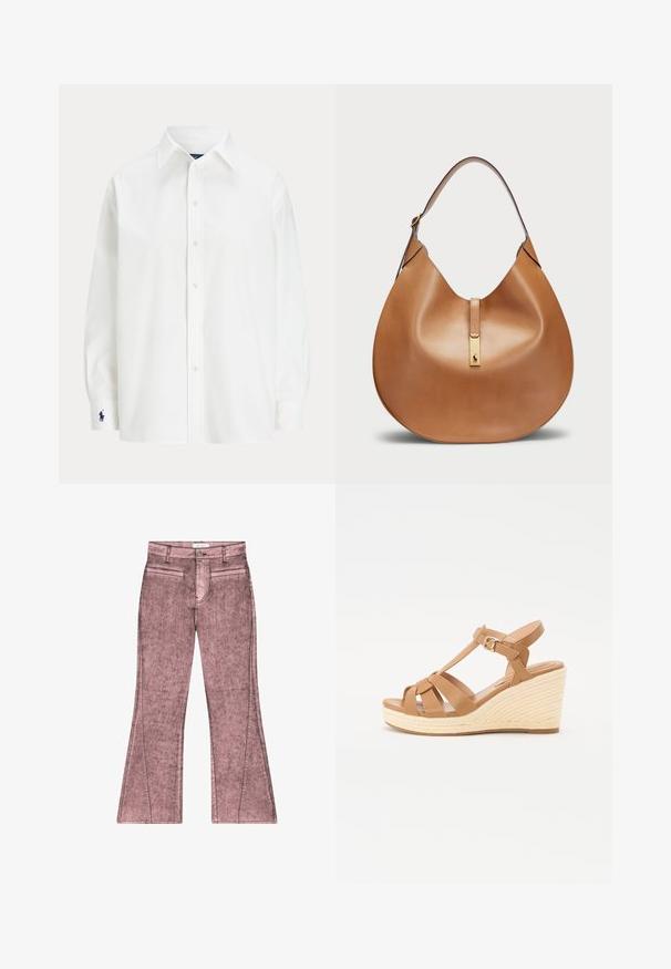 Biała koszula z długim rękawem, klasycznym kołnierzykiem i małym niebieskim logo na mankiecie. Gładki materiał bawełniany, dopasowany krój.; Różowe dżinsy w fasonie dzwonów z wyblakłą teksturą, posiadające dwie przednie kieszenie, zamek błyskawiczny z przodu oraz detale przeszycia wzdłuż szwów.; Beżowe sandały na koturnie z krzyżowymi paskami, regulowanym zapięciem na kostkę oraz teksturowanym plecionym koturnem w stylu espadryli.; Torba skórzana w kolorze brązowym o zaokrąglonym kształcie i szerokim pasku na ramię. Posiada złoty metalowy akcent na środku oraz gładką fakturę.