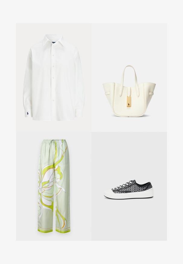 Valkoinen nappikauluspaita pitkillä hihoilla, klassinen kaulus ja pieni sininen logo hihassa. Silkkinen puuvillakangas, muotoiltu istuvuus.; Vihreät satiinipö trousersit, joissa on valkoisia ja keltaisia kukkakuoseja, joustava vyötärö, leveät lahkeet ja sileä rakenne.; Mustat ja harmaat kuviolliset lenkkarit, joissa on valkoinen kuminen varvasosa, nauhatasku ja teksturoidut mustat yksityiskohdat sivuilla.; Valkoinen nahkainen olkalaukku, jossa on rakenteellinen muoto, voimakkaat saumat, kultainen varusteetietokortti ja kaksoiskahvat. Rakennepinnoite, jossa on sivutaskut.