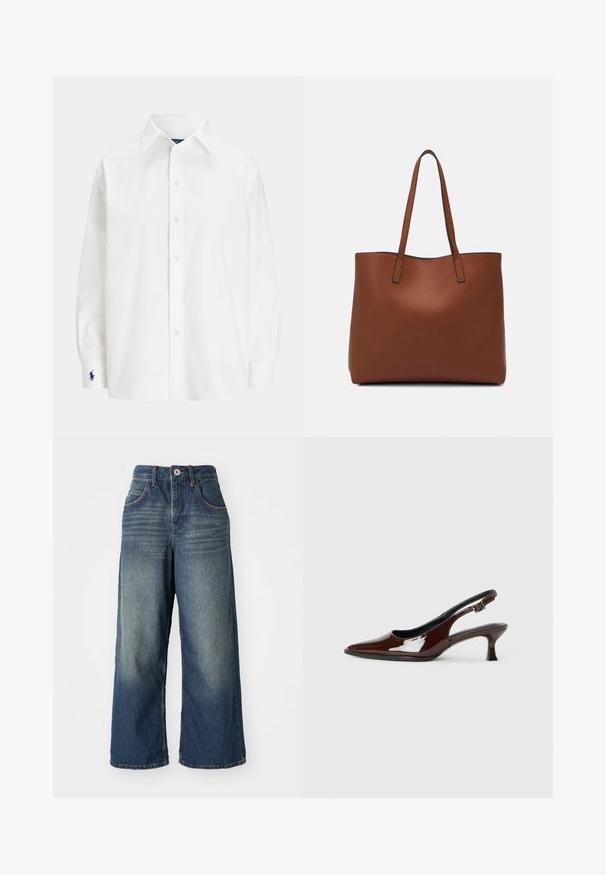 Bijela košulja s dugim rukavima, klasičnog ovratnika, i malim plavim logotipom na manžetama. Glatka pamučna tkanina, strukturirani kroj.; Široke traperice u srednje plavoj boji, sa prednjim džepovima, dugmetom i patentnim zatvaračem, te blagim izbljeđivanjem na bedrima.; Smeđe patentne kožne cipele s otvorenom petom, špicastim vrhom i umjerenom petom. Imaju remen s kopčom za sigurno pristajanje. Glatka tekstura.; Smeđa kožna torba preko ramena s glatkom teksturom, otvorenim vrhom i dvjema naramenicama. Ima minimalne šavove i nema vidljivog hardvera.