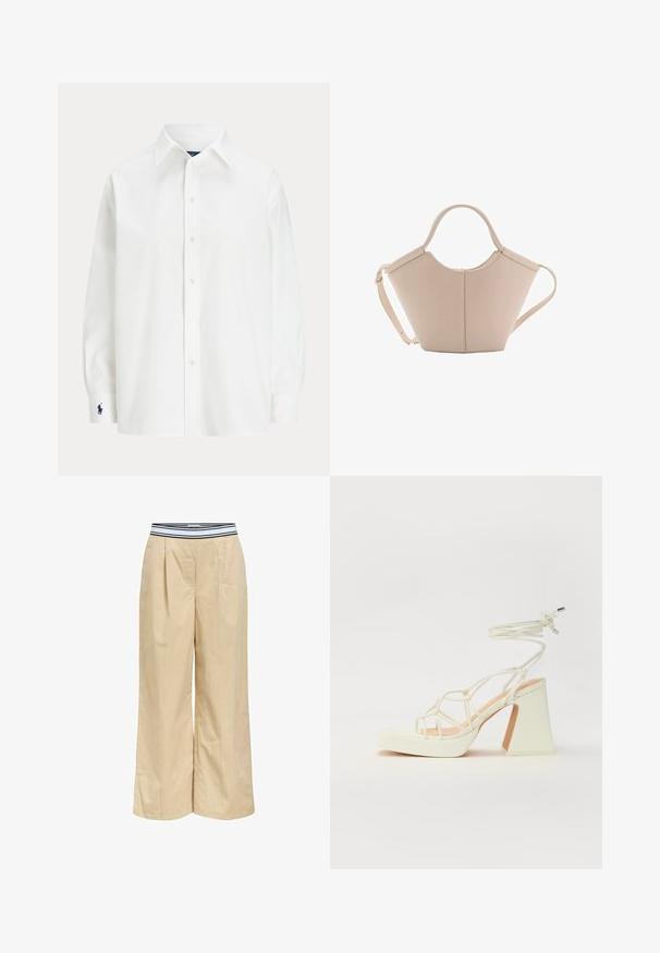 Weißes Hemd mit langen Ärmeln, klassischem Kragen und einem kleinen blauen Logo am Bund. Glattes Baumwollmaterial, strukturierte Passform.; Beige weite Hose mit einem schwarz-weiß gestreiften Gummibund, ausgestattet mit Vorderfalten und einer glatten Baumwolltextur.; Weiße High-Heel-Sandale mit einem klobigen Absatz, die über ein Riemchendesign und ein Knöchelband verfügt. Glatte Textur mit einer Plattform vorne für zusätzliche Höhe.; Beige Lederhandtasche mit einer einzigartigen Form, die zwei kurze Henkel und einen langen verstellbaren Riemen aufweist. Glatte Textur mit minimalen Hardware-Elementen.
