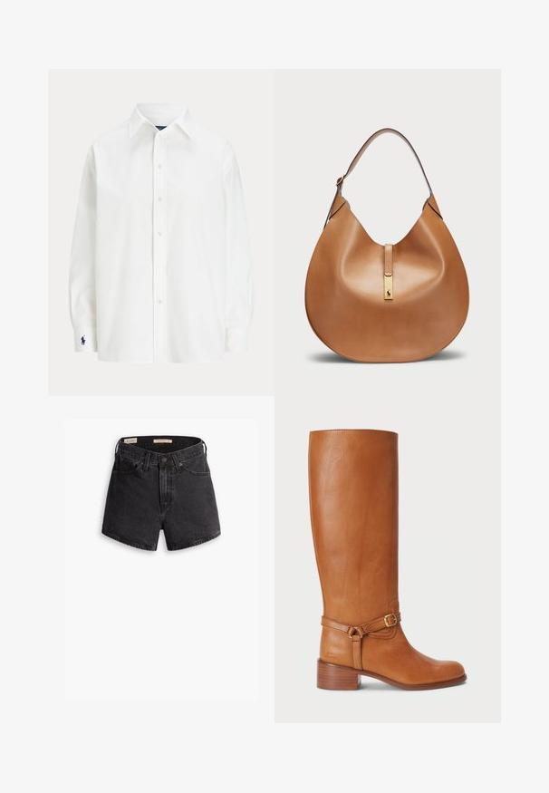 Chemise blanche à manches longues, col classique, avec un petit logo bleu sur le poignet. Tissu en coton lisse, coupe structurée.; Shorts en denim noir taille haute, avec une fermeture à bouton sur le devant, quatre poches et une finition légèrement déchirée.; Bottes en cuir marron hautes avec une finition lisse, dotées d'une sangle à boucle sur le côté et d'un talon empilé. La tige présente un design épuré et sans ornement.; Sac à main en cuir tan avec une forme courbée et une large bandoulière. Présente un accent en métal doré au centre et une texture lisse.