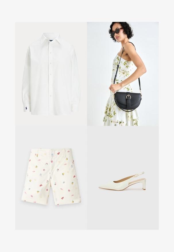 Bílá košile s dlouhými rukávy, klasickým límcem a malým modrým logem na manžetě. Hladká bavlněná tkanina, strukturovaný střih.; Krémové bavlněné kraťasy s barevnými, různorodými potisky, včetně ovoce, mušlí a slunečních motivů; klasický plochý přední design.; Bílé lakované slingback boty s špičatou špičkou a nízkým blokovým podpatkem. Má decentní pásek se zlatě tónovanou sponou.; Černá kožená kabelka s křivkovým tvarem, odnímatelným popruhem a zlatými detaily. Kabelka má klopu s přezkou.
