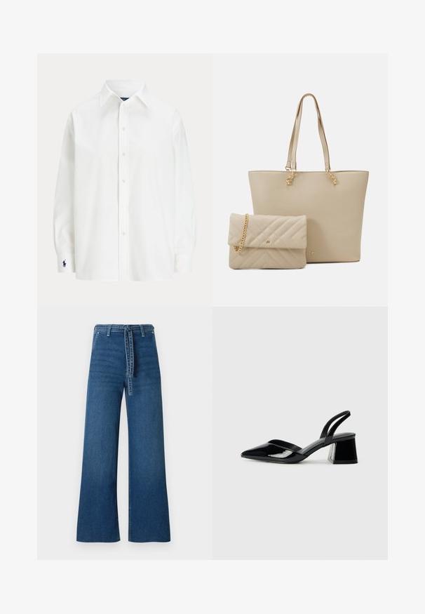 Camisa branca de manga longa, com colarinho clássico e um pequeno logótipo azul na bainha. Tecido de algodão suave, ajuste estruturado.; TOM TAILOR DENIM TTMIJA CULOTTE - Calças de ganga à boca de sino - used mid stone blue denim; Sandy em verniz preto com salto slingback, ponta afilada e salto geométrico. Apresenta um design elegante e minimalista com textura suave.; Saco tote bege com alças planas, textura suave e acessórios em dourado, combinado com uma mala clutch acolchoada correspondente, apresentando uma alça de corrente.