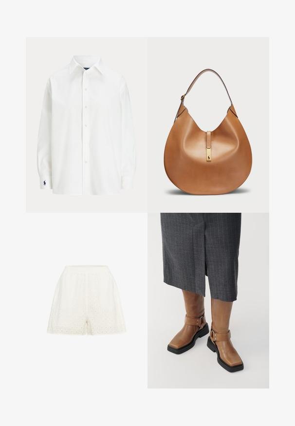 Balta krekla ar garām piedurknēm, klasiskā josta un mazs zils logo uz aproces. Gluda kokvilnas auduma, strukturēta piegriezuma.; Baltas šorts, izgatavoti no teksturētas auduma ar režģa rakstu un mazām caurumiem. Iedrošināts ar elastīgu vidukli un brīvu piegulumu.; Brūni ādas līdz ceļiem zābaki ar kvadrātu purngalu, melnu gumijas zoli un regulējamu sprādzes detaļu. Kombinēti ar pelēku strīpainu svārku.; Tan krāsas ādas rokassoma ar izliekta formu un plašu plecu siksnu. Iekļauj zelta metāla akcentu centrā un vienmērīgu tekstūru.