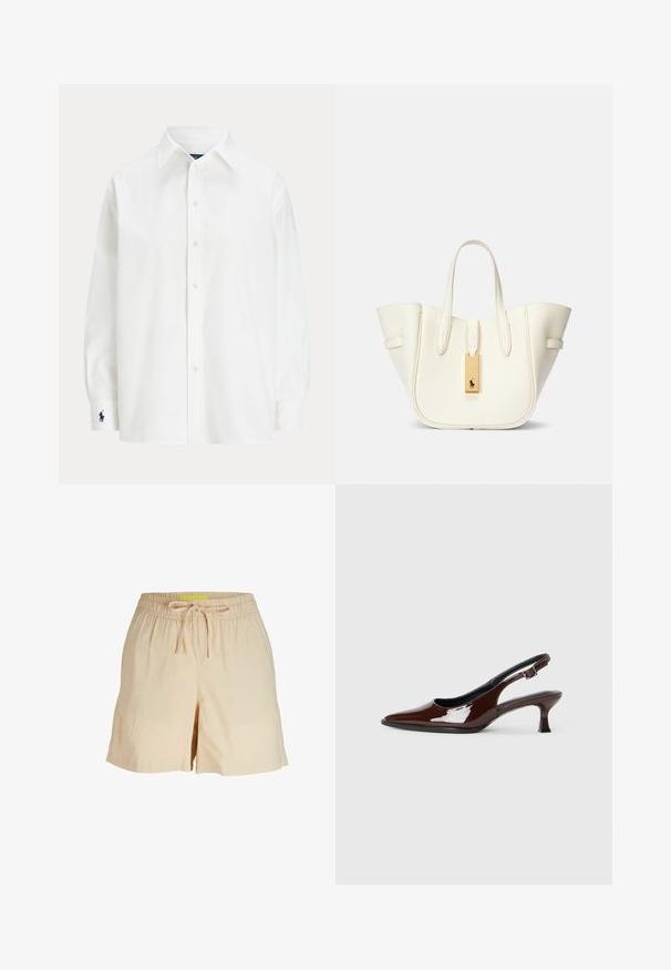 Balta mygtukinėmarškinė su ilgomis rankovėmis, klasikinis apykaklė ir mažas mėlynas logotipas ant rankovės. Lygus medvilnės audinys, tvirtas prigludimas.; JJXX AMY - Šortai - cement; Rudos lakuoti odiniai slingback batai su smailiu pirštu ir vidutinio aukščio kulnu. Yra sagties dirželis, užtikrinantis tvirtą prigludimą. Lygus paviršius.; Balta odinė rankinė su struktūrizuota forma, ryškiu siuvimu, auksine detale ir dviem rankenomis. Tekstūruotas paviršius su šoninėmis kišenėmis.